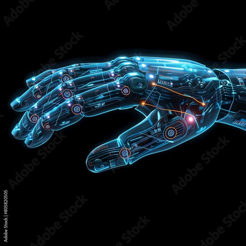 Robot hand interface  panoramic  with holographic wireframe links  dynamic  futuristic touch