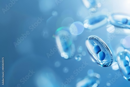 Floating medical capsules against a blue background symbolize advanced drug delivery systems in the futuristic medical research banner