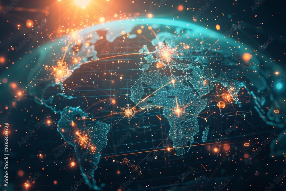 Fototapeta premium Global network connection visualized through an abstract world map, sharpen banner template with copy space on center