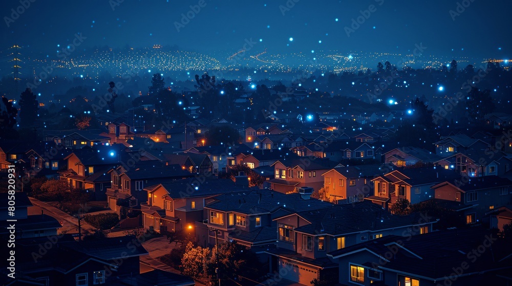 Suburban houses illuminated at night, symbolizing smart homes and a connected digital community. Explore concepts of DX, IoT, and digital networks shaping modern living.