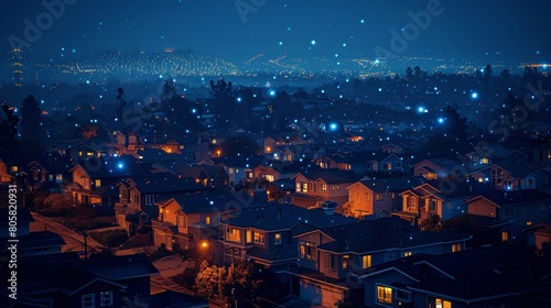 Suburban houses illuminated at night  symbolizing smart homes and a connected digital community. Explore concepts of DX  IoT  and digital networks shaping modern living.