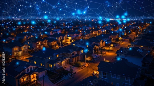 Suburban houses illuminated at night, symbolizing smart homes and a connected digital community. Explore concepts of DX, IoT, and digital networks shaping modern living.