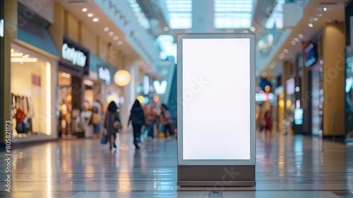 In the bustling blur of a shopping mall, a creative white blank mockup stands prominently, featuring a white blank poster billboard sharpen with large copy space