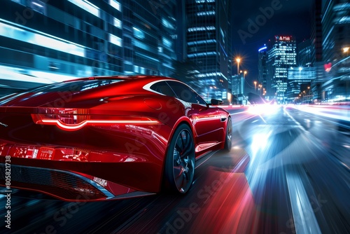 Red business car speeding on highway in night city, urban road with fast moving vehicle at night