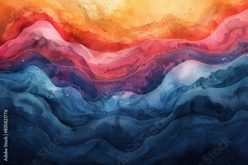 A painting of a colorful sky with a blue wave in the middle