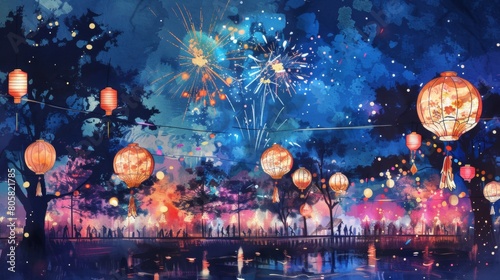 A night scene shows fireworks illuminating the sky, with lanterns hanging from strings at an outdoor festival.
