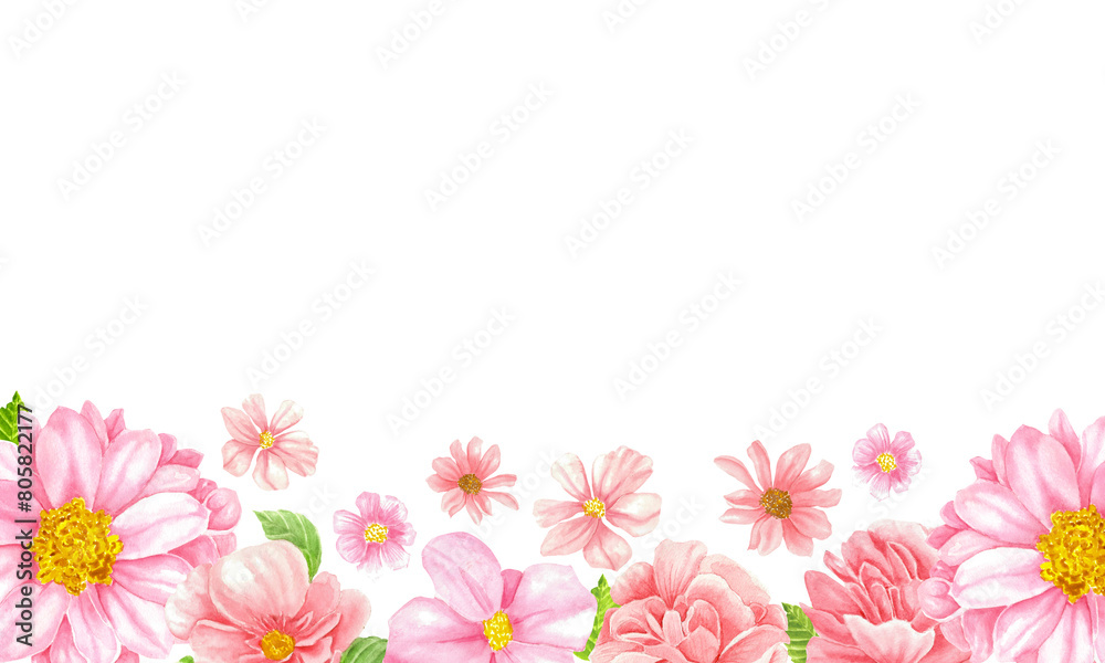 watercolor pink floral border on a white background, in the style of a cartoon, with low details, a simple design, flat colors, a border with flowers like daisies and chrysanthemums, white space in