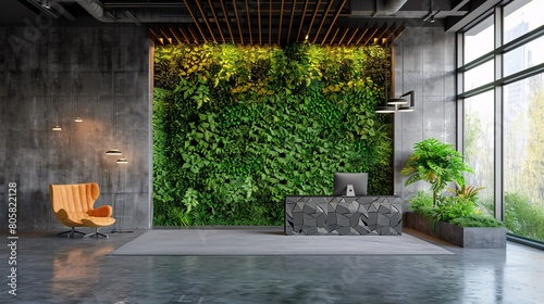 modern office spaces of green environments with planted walls create a refreshing atmosphere. Ample text copy space for customization #805822128
