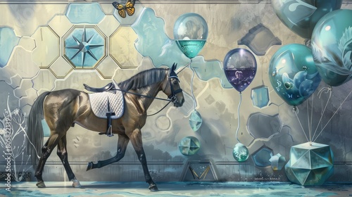 Horse club with themed fluids, corral designs, a regal butterfly, equestrian navigator, and equine balloons. photo