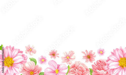 watercolor pink floral border on a white background  in the style of a cartoon  with low details  a simple design  flat colors  a border with flowers like daisies and chrysanthemums  white space in