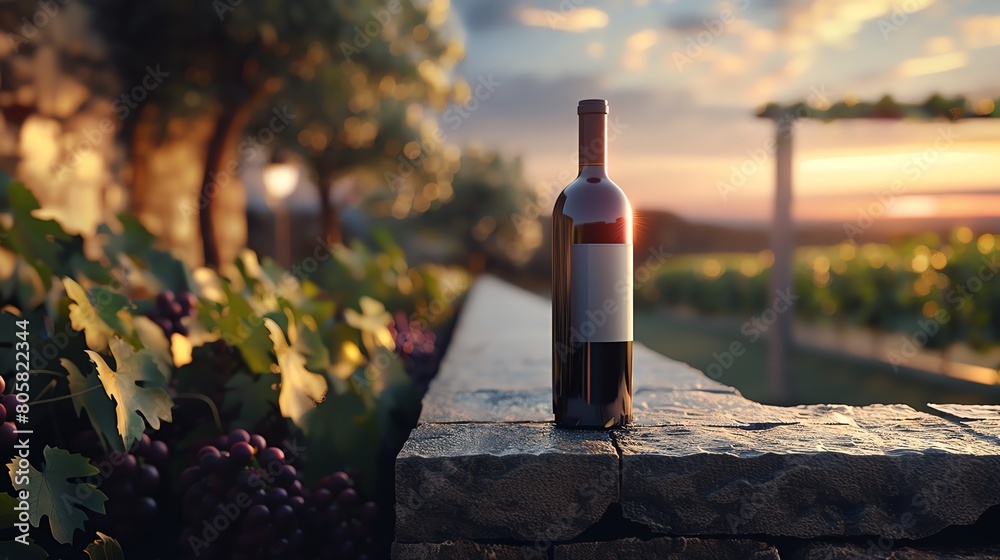 A wine bottle rests on a stone wall overlooking a vineyard at sunset, capturing the essence of winemaking and the beauty of the vine. A wine bottle rests on a stone wall overlooking a vineyard at sunset, capturing the essence of winemaking and the beauty of the vine.