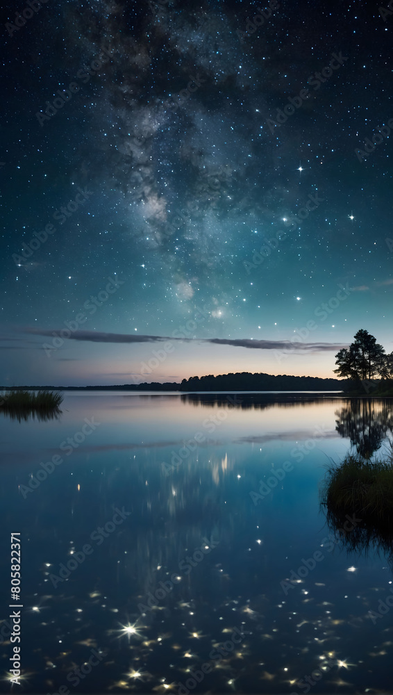 A tranquil lakeside scene under a canopy of twinkling stars, with fluffy clouds reflected in the still waters, creating a sense of wonder and peace.