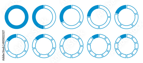 Circle divided diagram set. Graph icon pie shape section chart. 1, 2, 3, 10, 7, 8, graph icon pie shape section chart. Segment circle round vector 5, 6, 9 divide infographic. Vector illustration.