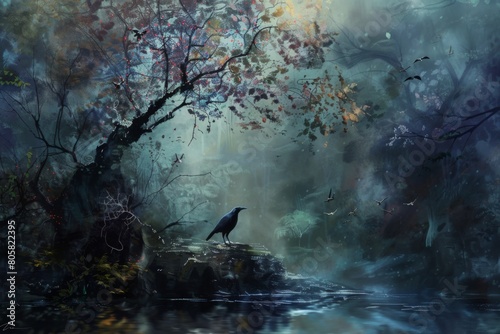 A painting of a forest with a bird perched on a rock