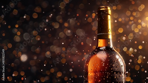 A close up of a single brown wine bottle with a gold cap against a dark background with golden bokeh lights.