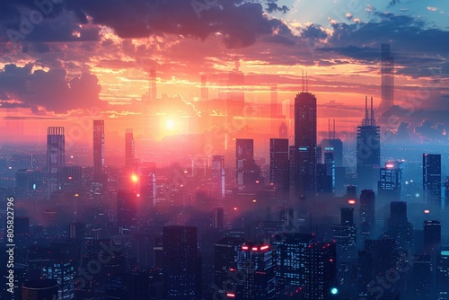 The futuristic cityscape glowed at dusk  showcasing sustainable architecture against the twilight sky with a sci-fi touch