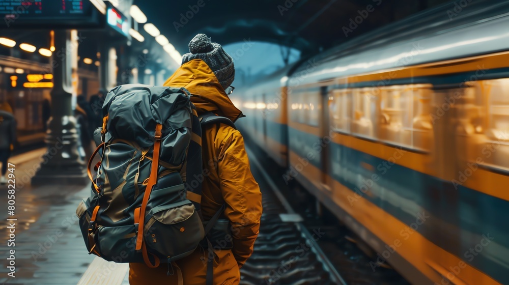 A man with a backpack is standing on a train platform, waiting for the train to arrive. A man with a backpack is standing on a train platform, waiting for the train to arrive.