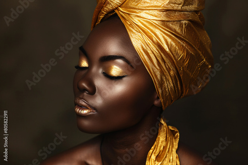 Beautiful black african american woman with golden turban and makeup on dark background photo