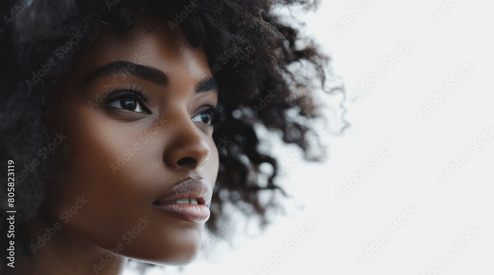A woman with curly hair and a dark complexion is looking at the camera A woman with curly hair and a dark complexion is looking at the camera