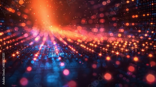 A tech-themed backdrop featuring a grid layout and vivid glowing spots.