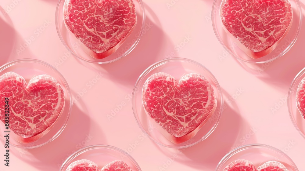 Fototapeta premium Pattern - lab-grown meat, cultured meat, lab petri dishes of heart shaped steak lay on solid light blue background, minimalist clean vector style illustration