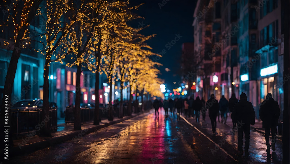 After Dark Allure, Immerse Yourself in the Thriving Energy of a City Street Adorned with Colorful Lights
