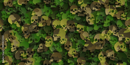 Skulls camo abstract seamless pattern. Camouflage in bright green colors. Military vector background for your design.