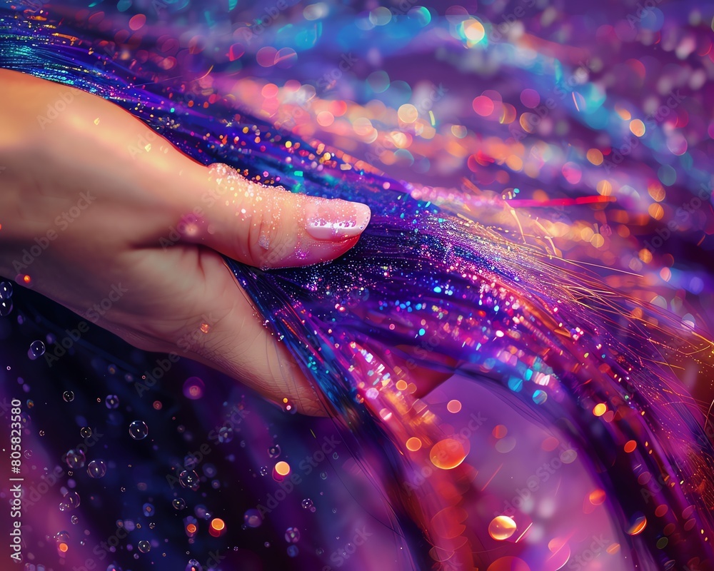 Macro photography capturing the sparkling glitter scattered across a colorful fabric surface, creating a mesmerizing texture.