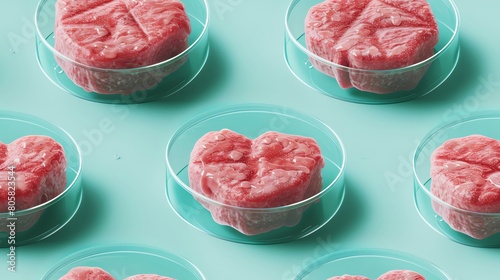 Pattern - lab-grown meat, cultured meat, lab petri dishes of heart shaped beef patty lay on solid light blue background, minimalist clean vector style illustration