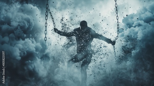 Breaking free and freedom concept with man escaping from chains hyper realistic  photo
