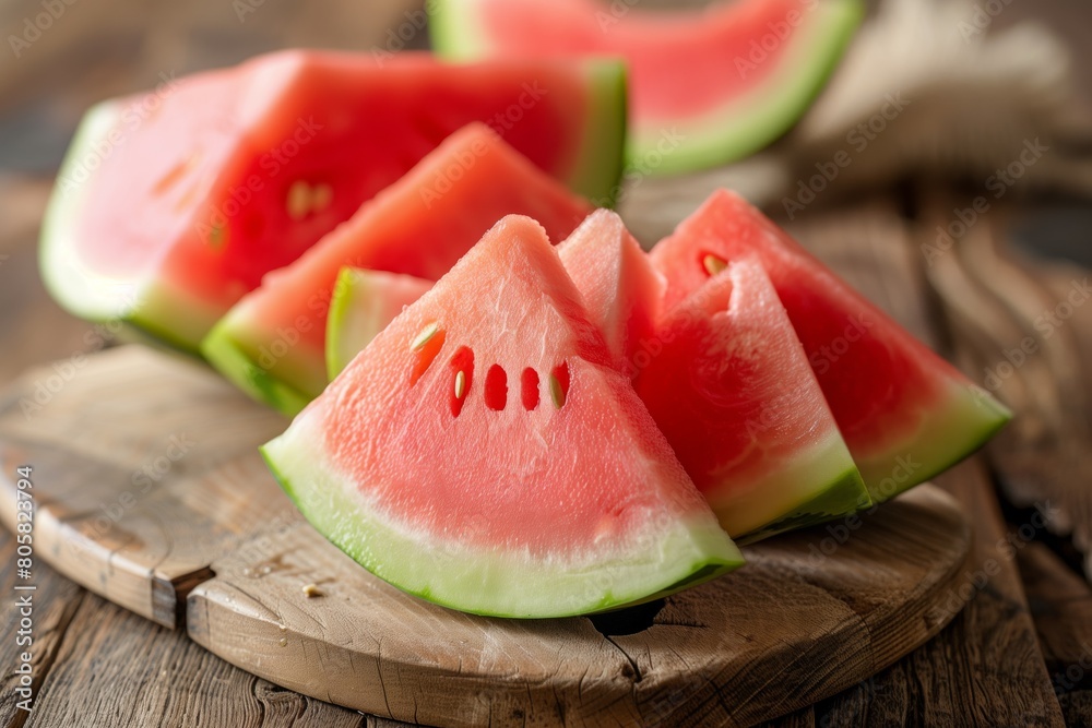 Fresh Watermelon Slices Arranged on Wooden Cutting Board Fresh Watermelon Slices Arranged on Wooden Cutting Board