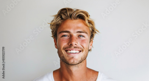 A man with a beard and blonde hair is smiling and looking at the camera