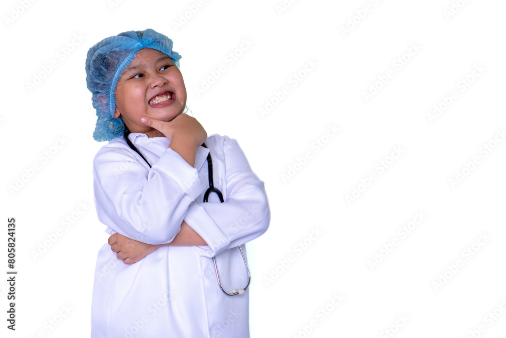 Cute little girl doctor uniform , stethoscope and smiling look at copy space. Cute little girl doctor uniform , stethoscope and smiling look at copy space.