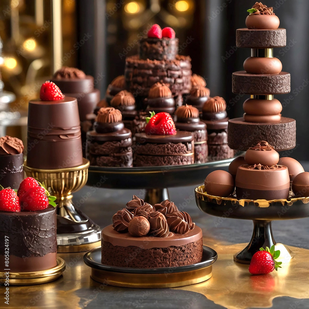 Mouth-watering display of decadent desserts, rich cocoa hues, and indulgent chocolate sculptures. Mouth-watering display of decadent desserts, rich cocoa hues, and indulgent chocolate sculptures.