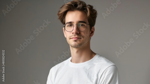 Daylight portrait of young handsome caucasian man isolated on grey background, dressed in white t-shirt and round eyeglasses, looking at camera and smiling positively hyper realistic  photo