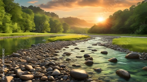 Mountain River at sunsetOrange summer sunset on the Russian river Volga. ai genrative  photo