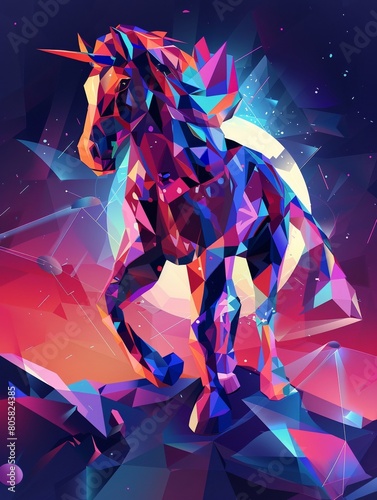 Craft a visually striking composition of a centaur exploring the depths of space, using low poly graphics photo