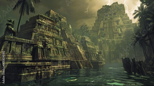 Mayan Civilization Depict a futuristic interpretation of Mayan architecture and symbols, blending ancient traditions with modern technology photo