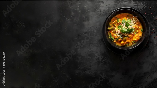 Indian food Curry butter chicken, Palak Paneer, Chiken Tikka, Biryani, Vegetable Curry, Papad, Dal, Palak Sabji, Jira Alu, Rice with Saffron on dark background top down view photo