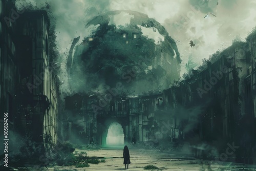 A woman stands in front of a large, green, alien-like structure #805824766