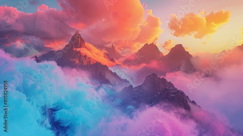 Peaceful mountain scenery with floating clouds of pink, orange, blue, and violet liquids.