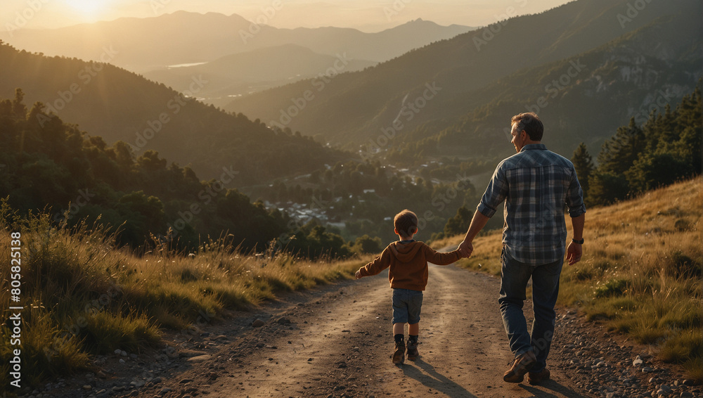 Fototapeta premium Father walking with his son r along a quiet mountain road as the sun rises
