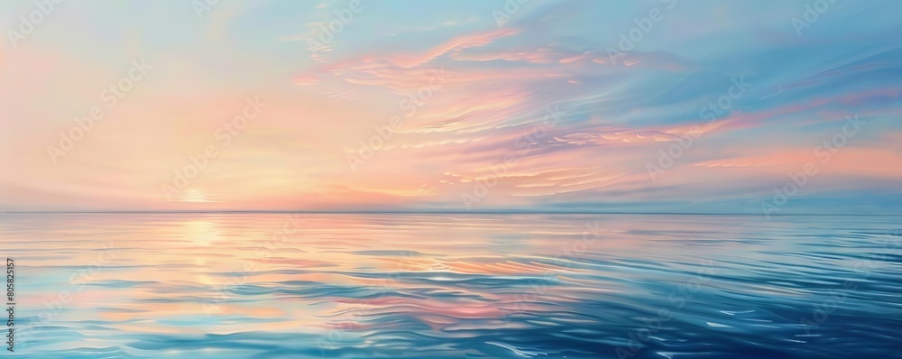 A calm seascape at twilight with soft pinks and blues reflecting on gentle waves