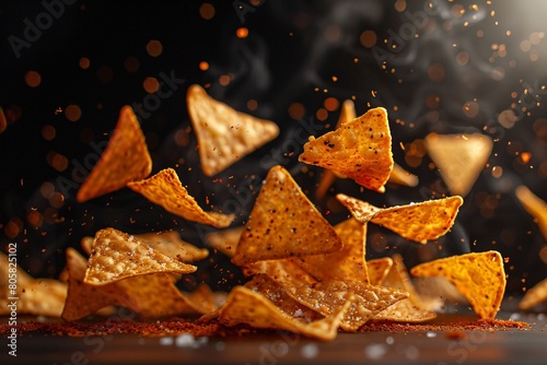 Crispy tortilla chips topped with spicy Mexican nacho ingredients, set against a dark backdrop. photo