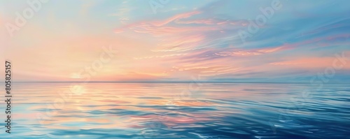 A calm seascape at twilight with soft pinks and blues reflecting on gentle waves © Preyanuch