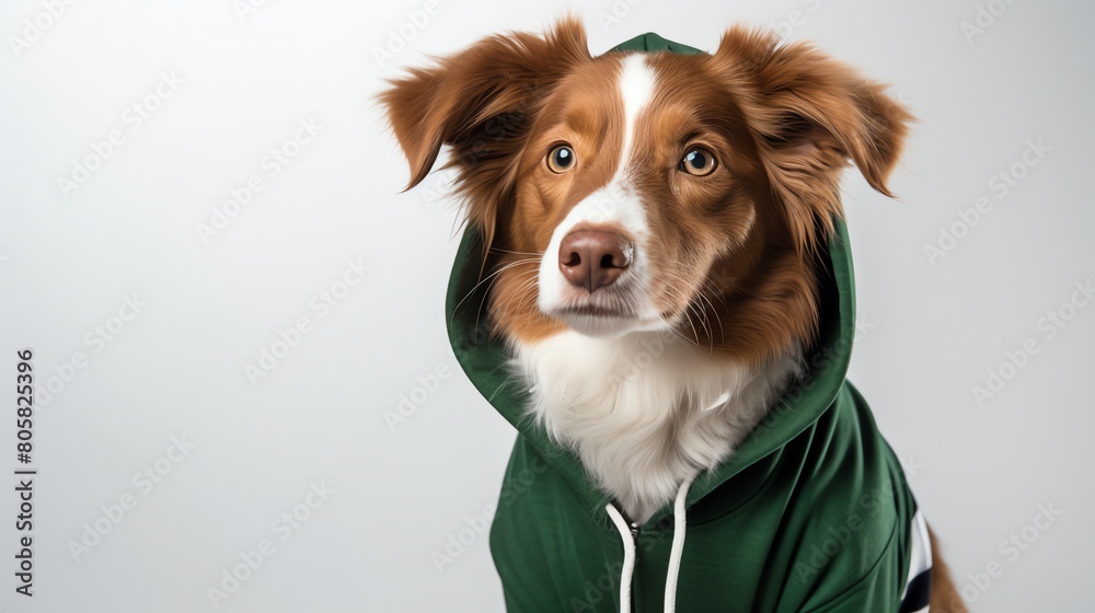 Charming photo of a young Nova Scotia Duck Tolling Retriever clad in a pink striped hoodie, looking up with a curious expression, perfectly captured against a clean white backdrop.