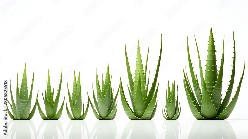Close-up shot of several Aloe Vera plants of varying sizes, arranged neatly to showcase their natural growth pattern, isolated on a white background for educational or commercial p Close-up shot of several Aloe Vera plants of varying sizes, arranged neatly to showcase their natural growth pattern, isolated on a white background for educational or commercial p