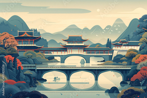 Beautiful ancient bridge verandah Chinese style hand-painted illustrations, Chinese style ancient building posters photo