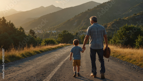 Father walking with his son r along a quiet mountain road as the sun rises