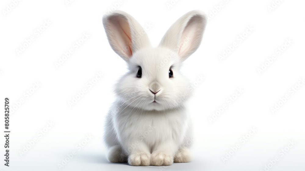 Obraz premium a fluffy white rabbit sitting upright, its soft fur and bright eyes captured in high resolution, perfectly isolated on a white background for educational